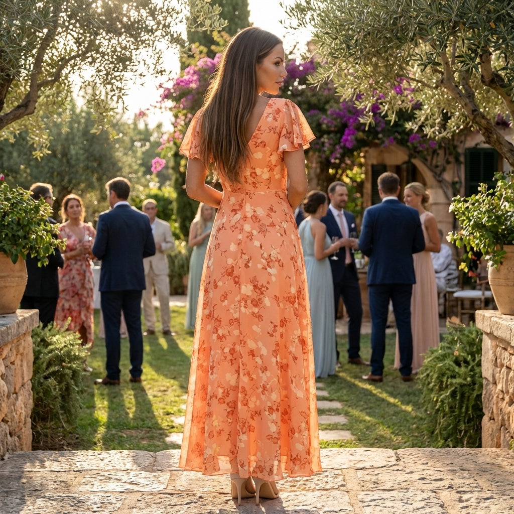 Floral chiffon midi dress with short sleeves and a flowy skirt, stylish and comfortable for casual or semi-formal occasions