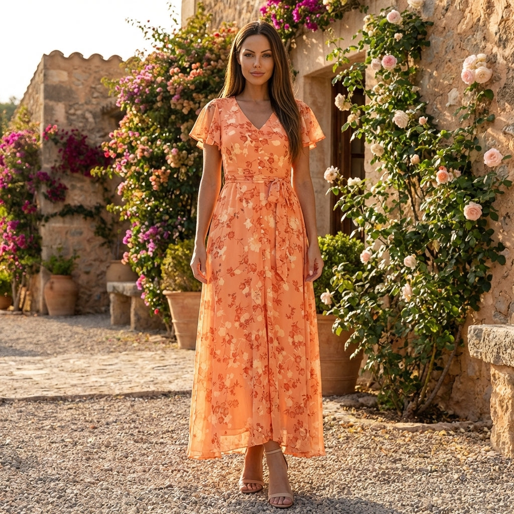 Floral chiffon midi dress with short sleeves and a flowy skirt, featuring a vibrant floral pattern and elegant design.