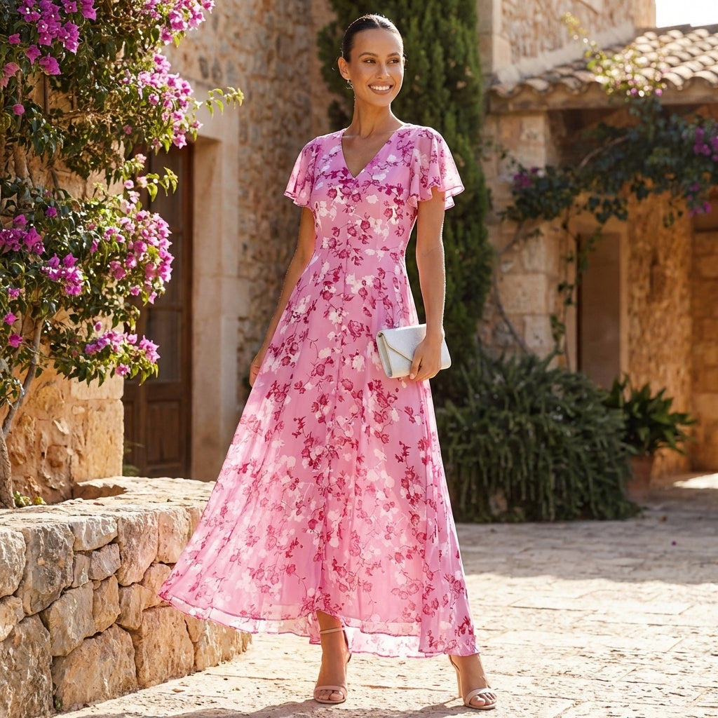 Floral chiffon midi dress with short sleeves and flowing skirt, featuring a feminine design and vibrant flower patterns.