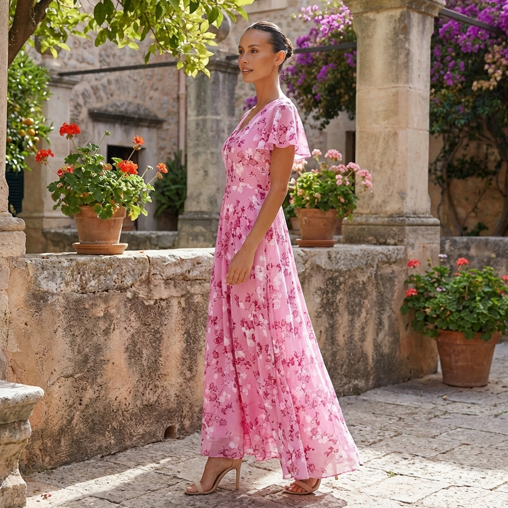 Floral chiffon midi dress with short sleeves and a flowy skirt, perfect for spring or summer occasions.