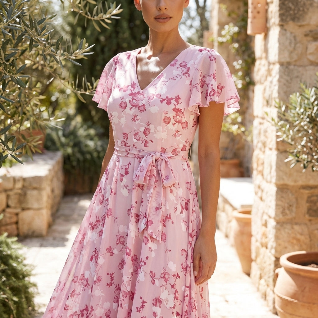Floral chiffon midi dress with short sleeves and flowy skirt, stylish and feminine, perfect for summer occasions.
