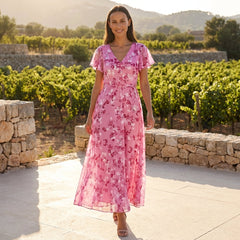 Floral chiffon midi dress with short sleeves and a flowy skirt, stylish and lightweight for warm weather.