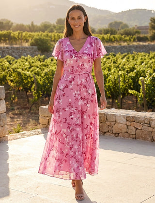 Floral chiffon midi dress with short sleeves and a flowy skirt, stylish and lightweight for warm weather.