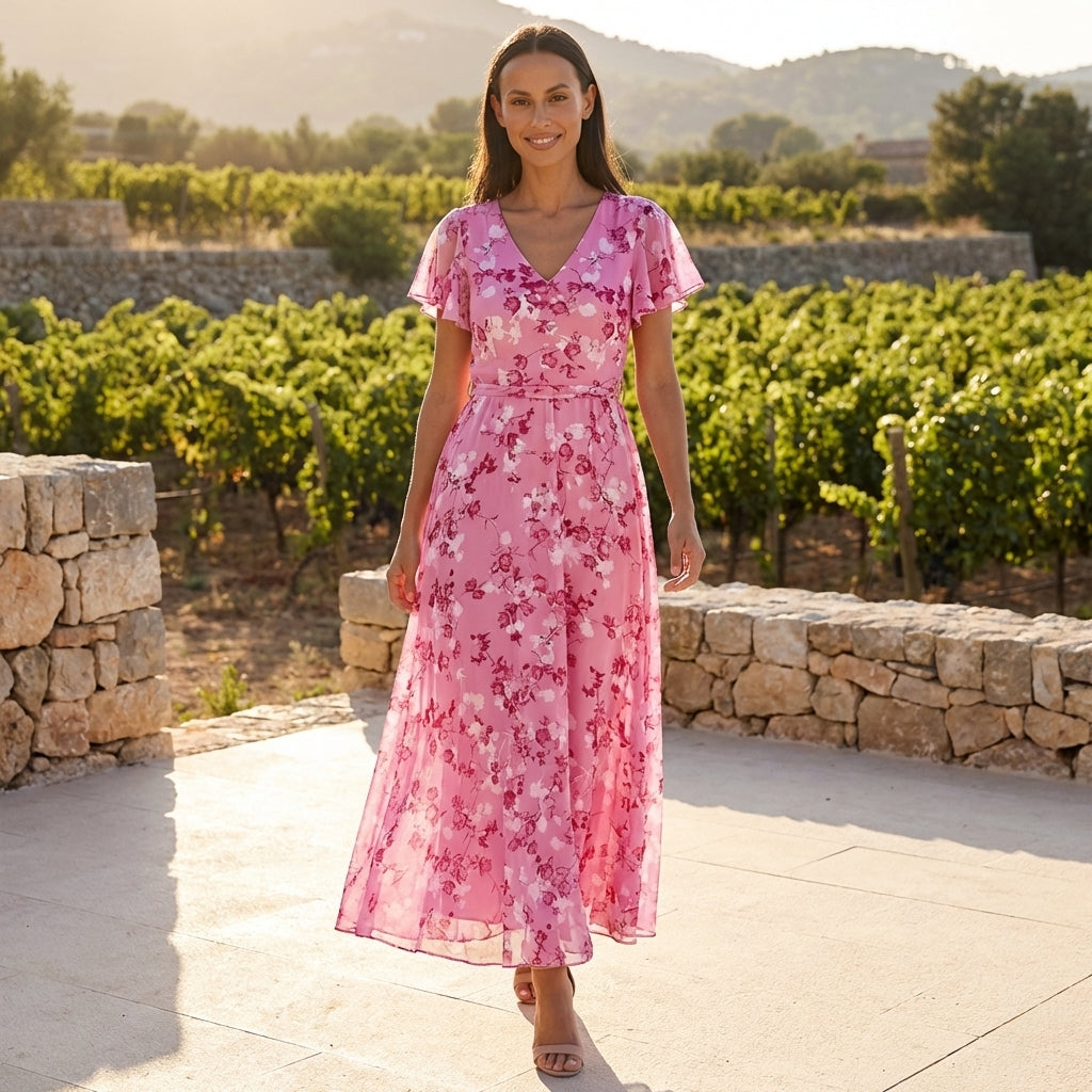 Floral chiffon midi dress with short sleeves and a flowy skirt, stylish and lightweight for warm weather.