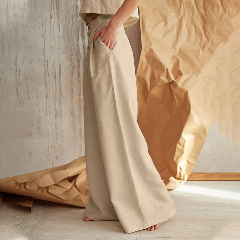Women’s knit wide-leg elastic-waist trousers by My Store, loose pull-on pants with a relaxed fit and comfortable design.