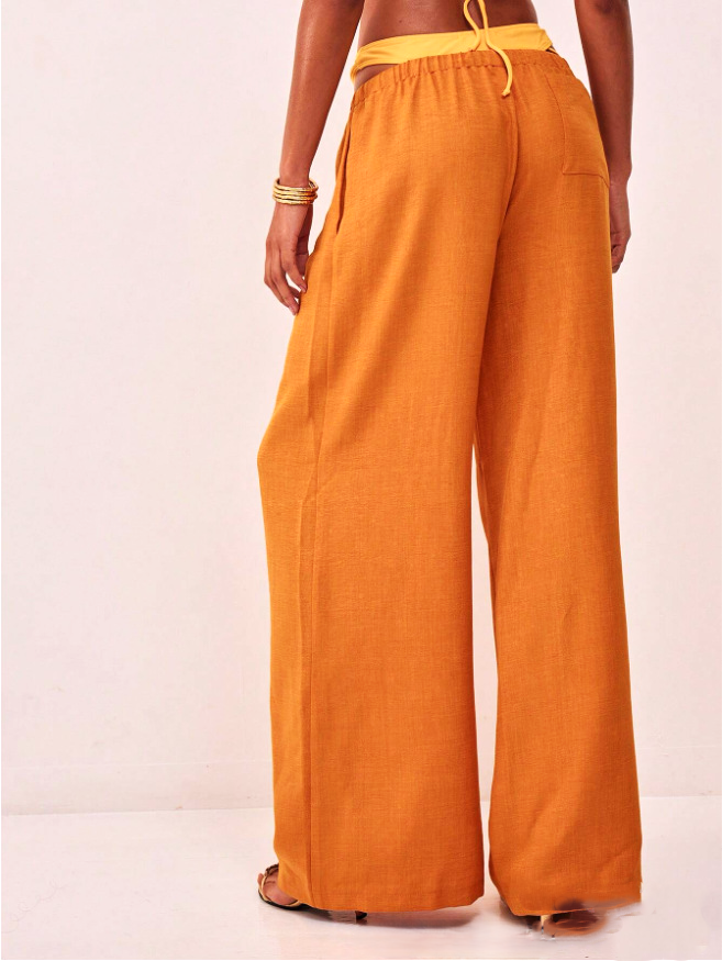 Women’s linen-blend wide-leg trousers from My Store, loose pull-on pants with relaxed fit and casual style, shown in natural fabric detail.