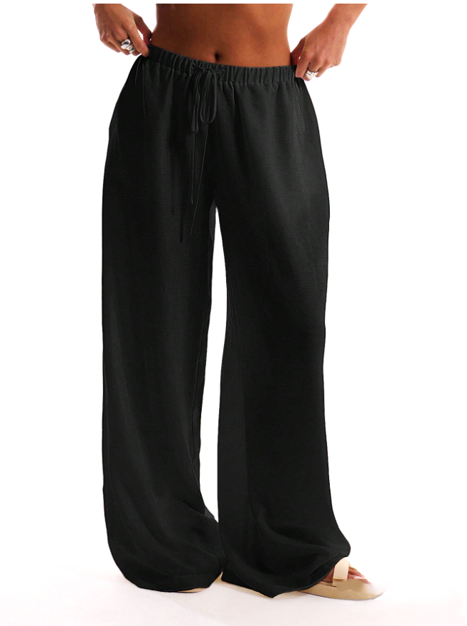 Linen-blend wide-leg women's trousers with a loose fit and pull-on design, featuring a relaxed silhouette and casual style.