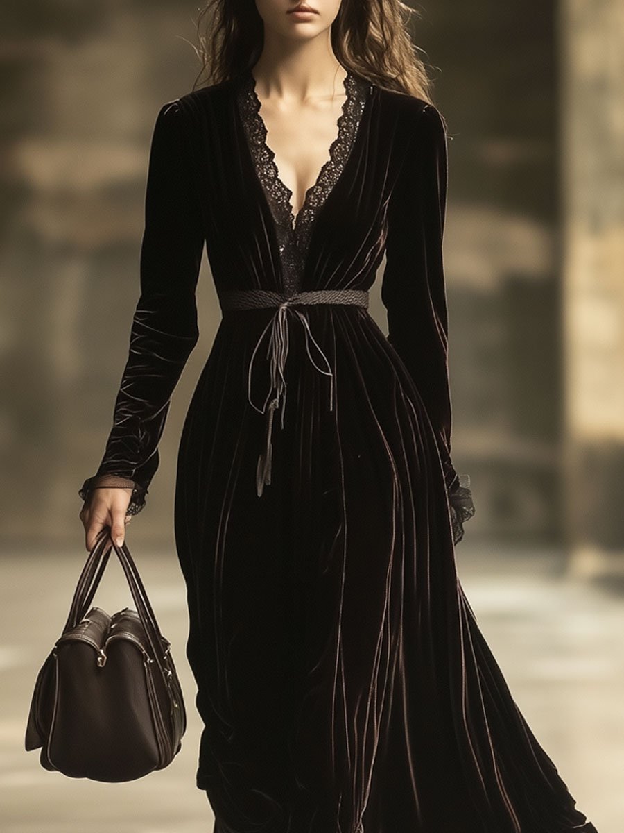 Velvet V-neck maxi dress from My Store featuring a flowing silhouette and elegant evening style, shown in a rich dark color.