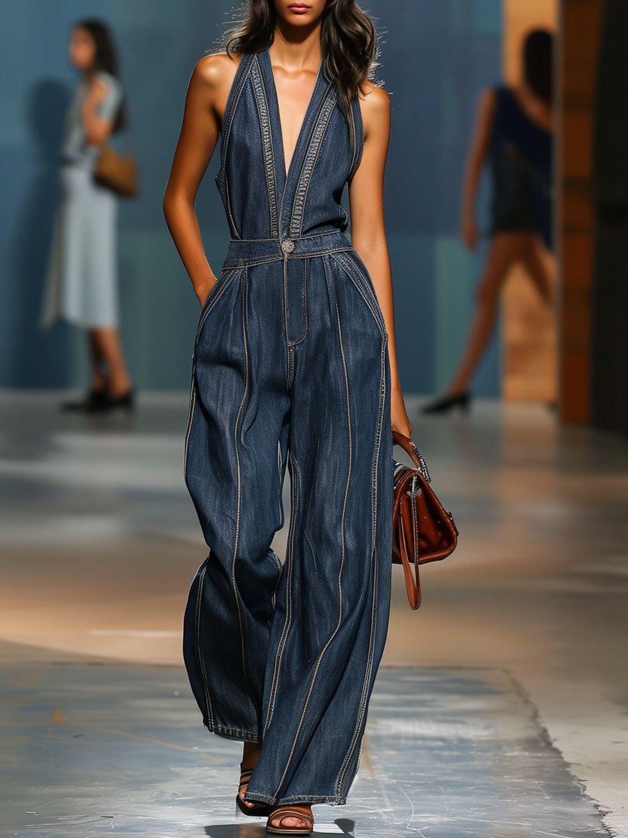 Dark blue denim sleeveless V-neck wide-leg jumpsuit for women, featuring stylish wide-leg pants and a fitted V-neck top.