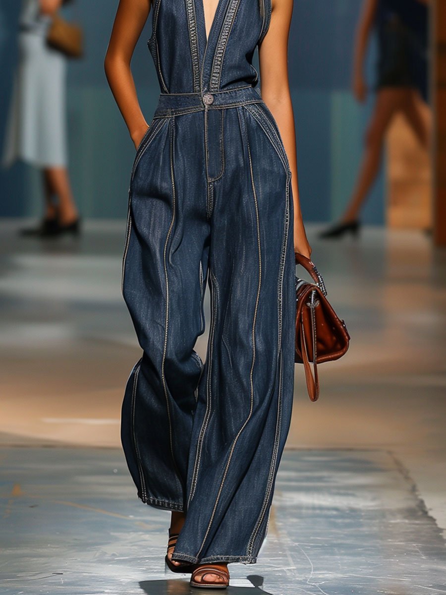 Dark blue denim women's sleeveless jumpsuit with V-neck and wide-leg pants, featuring a stylish and comfortable fit.