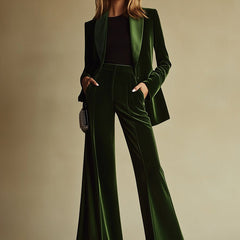 Emerald green loose velvet two-piece suit set for women, featuring stylish pants and matching top, designed by My Store.