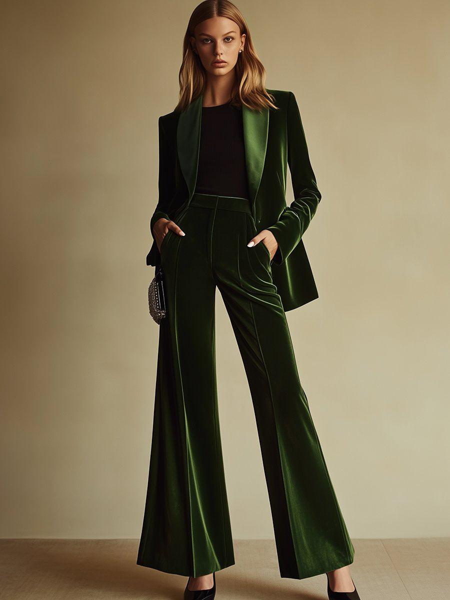 Emerald green loose velvet two-piece suit set for women, featuring stylish pants and matching top, designed by My Store.