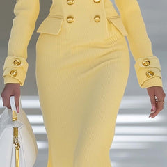 Yellow knit V-neck midi dress from My Store, featuring a stylish evening dress design with a flattering fit and vibrant color.