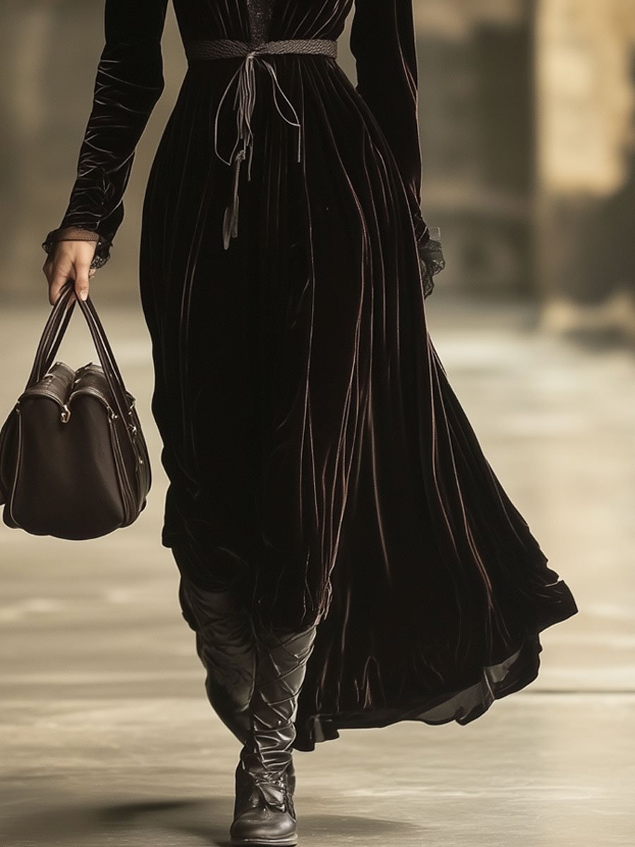 Velvet v-neck maxi dress from My Store featuring a flowing evening dress with a elegant V-neckline and long sleeves.