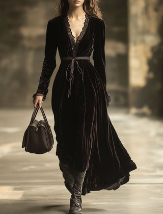 Velvet V-neck maxi dress from My Store featuring a flowing silhouette and elegant evening style in deep burgundy fabric.