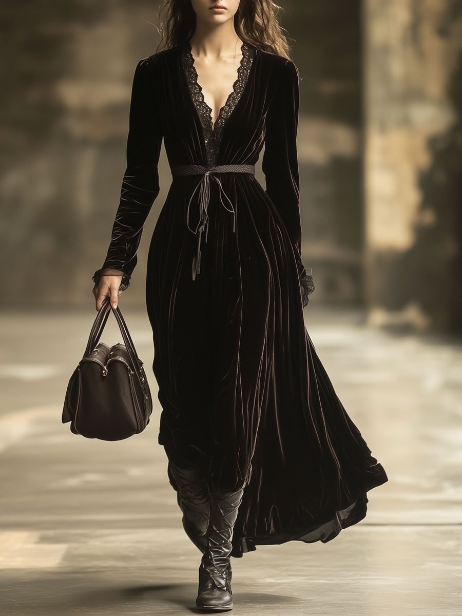 Velvet V-neck maxi dress from My Store featuring a flowing silhouette and elegant evening style in deep burgundy fabric.