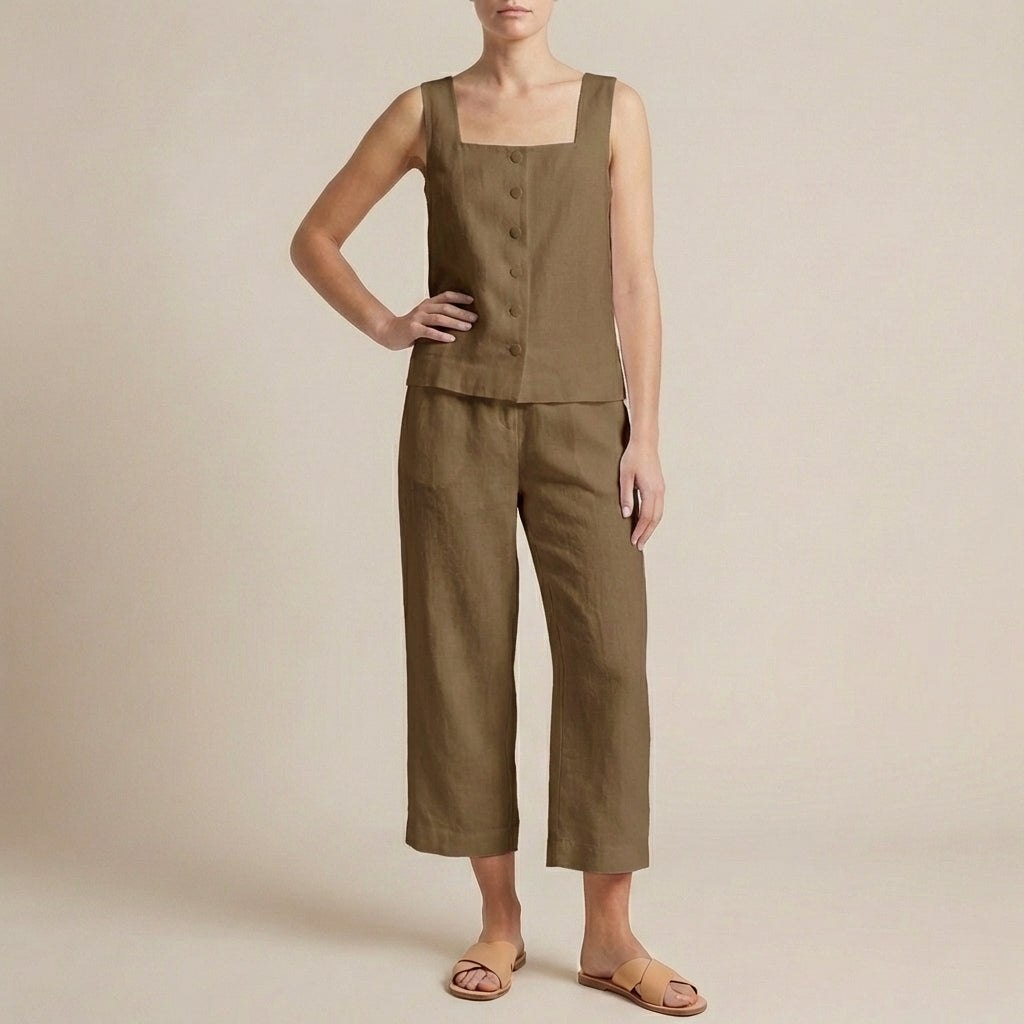 Women's khaki button-front square-neck two-piece co-ord set by Tammy Bradley, featuring a fitted top and matching high-waisted pants.
