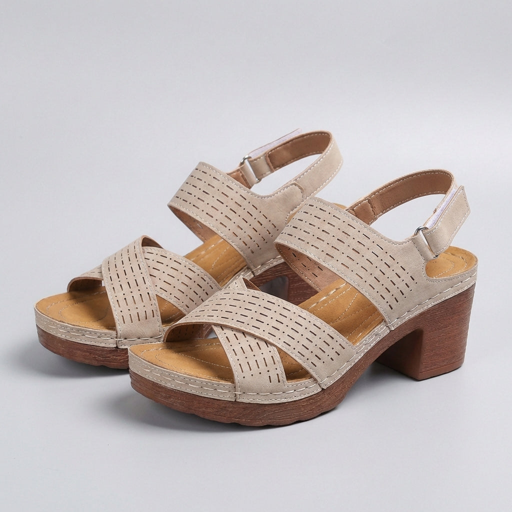 Khaki orthopedic platform block heel sandals with open toe and cut-out design, stylish and comfortable for everyday wear.