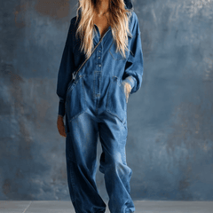 Blue denim hooded jumpsuit with button-front closure and long sleeves, women's casual pants by My Store.