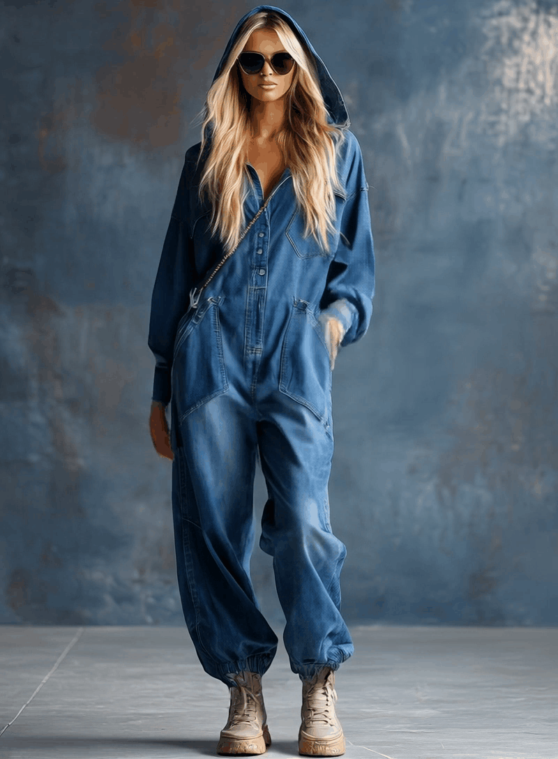Blue denim hooded jumpsuit with button-front closure and long sleeves, women's casual pants by My Store.