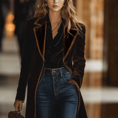 Brown velvet colour-block coat with lapel collar and pockets, stylish and cozy outerwear from My Store.
