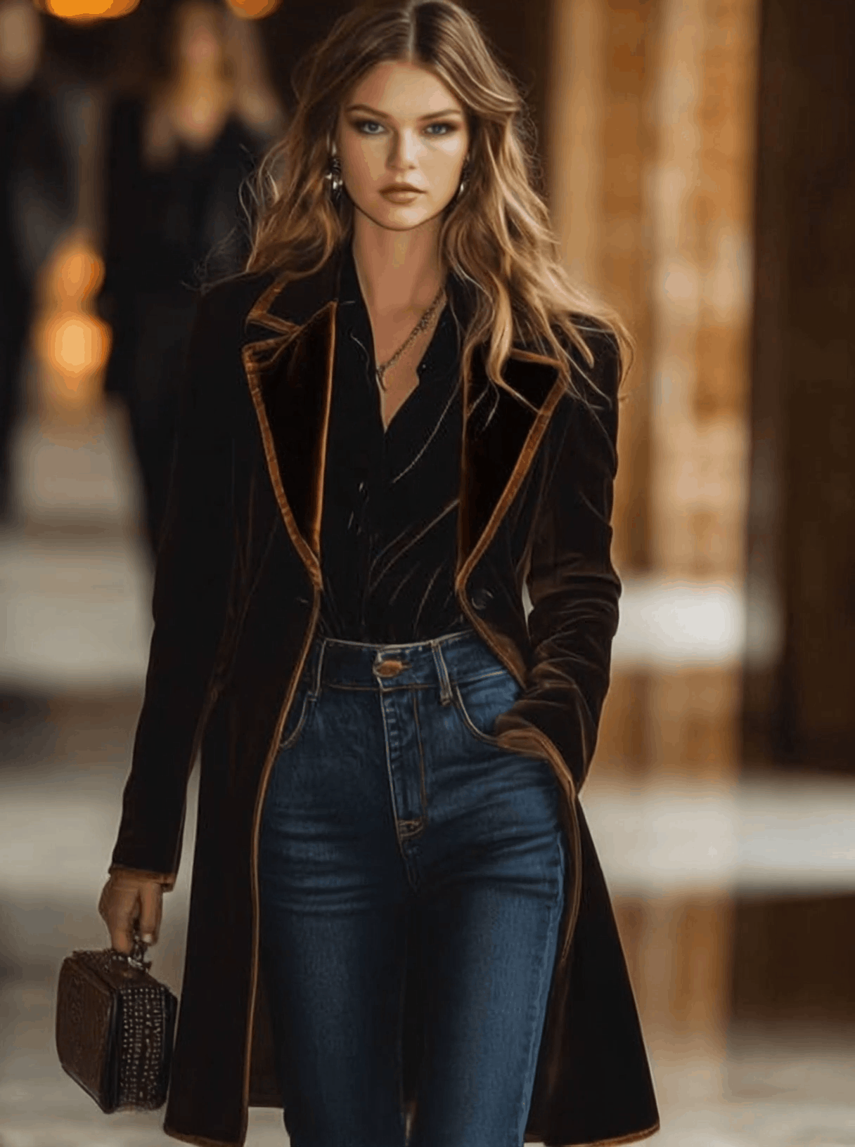 Brown velvet colour-block coat with lapel collar and pockets, stylish and cozy outerwear from My Store.