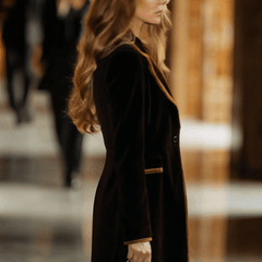 Brown velvet color-block lapel coat with pockets, stylish and comfortable coat by My Store, shown hanging with a tailored fit.