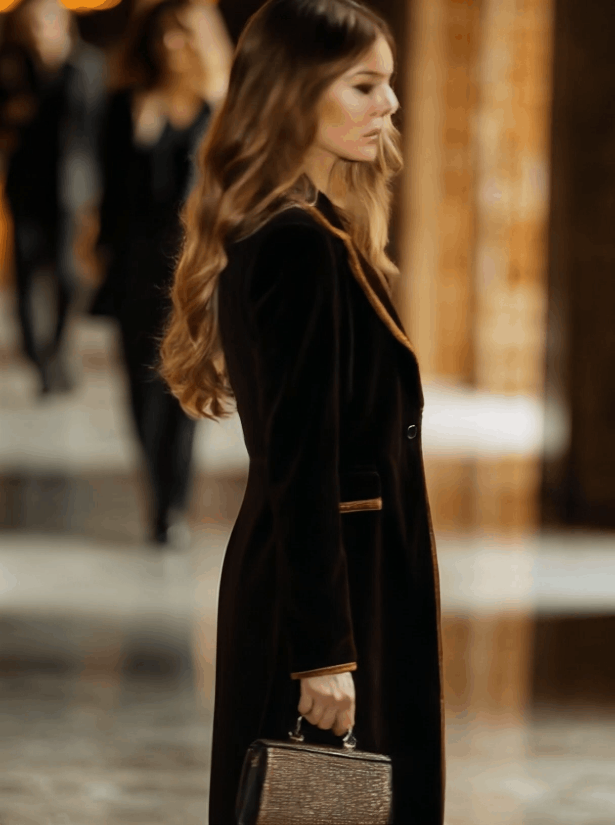 Brown velvet color-block lapel coat with pockets, stylish and comfortable coat by My Store, shown hanging with a tailored fit.