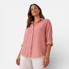 Light beige women's linen and cotton blend shirt with a relaxed fit, ideal for breathable summer wear.