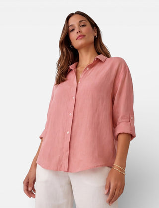 Light beige women's linen and cotton blend shirt with a relaxed fit, ideal for breathable summer wear.