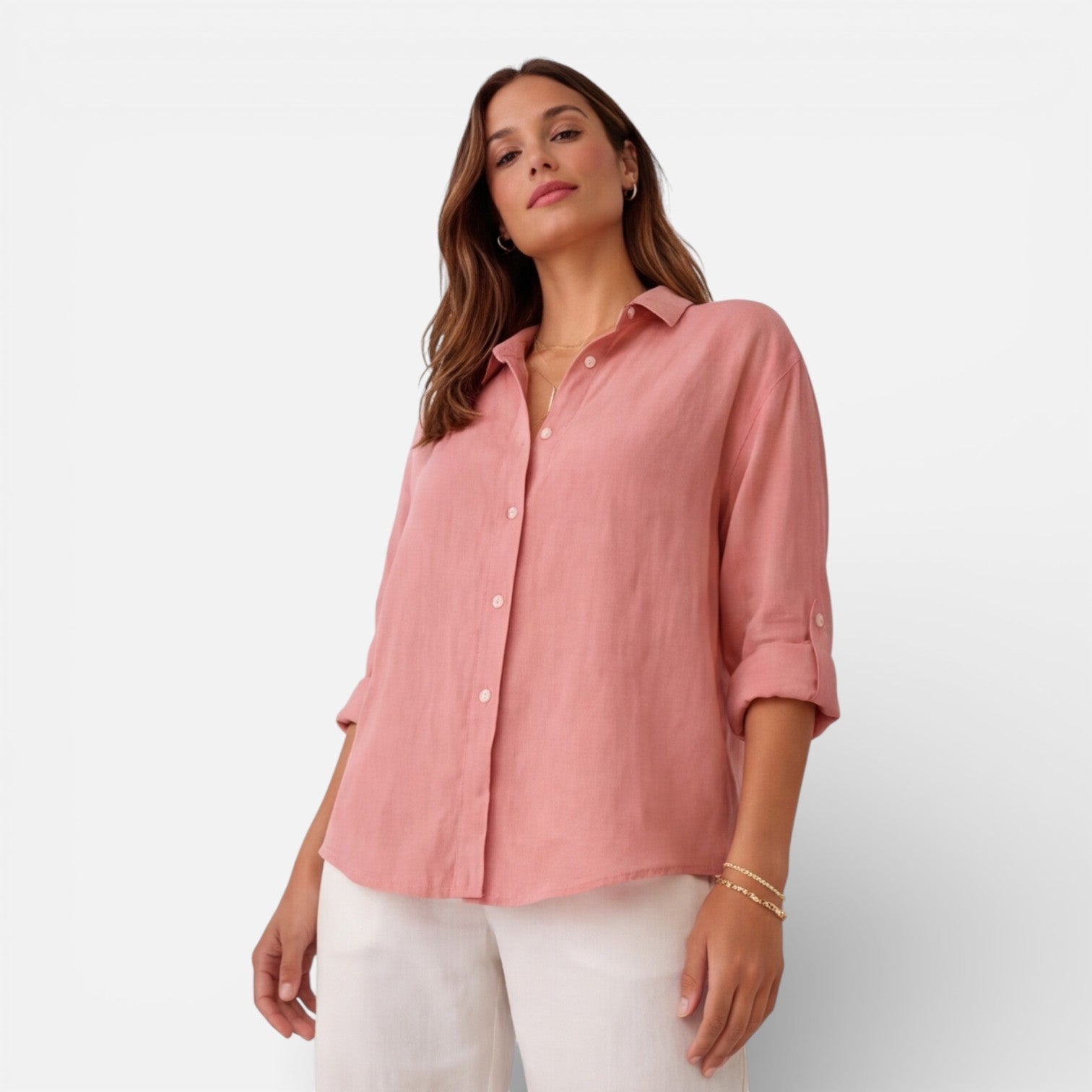 Light beige women's linen and cotton blend shirt with a relaxed fit, ideal for breathable summer wear.