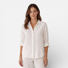Light beige women's linen and cotton blend shirt from My Store, featuring a relaxed summer fit and breathable fabric.