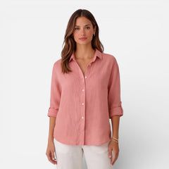 Light beige women's linen cotton blend shirt with relaxed fit, short sleeves, and casual summer style.