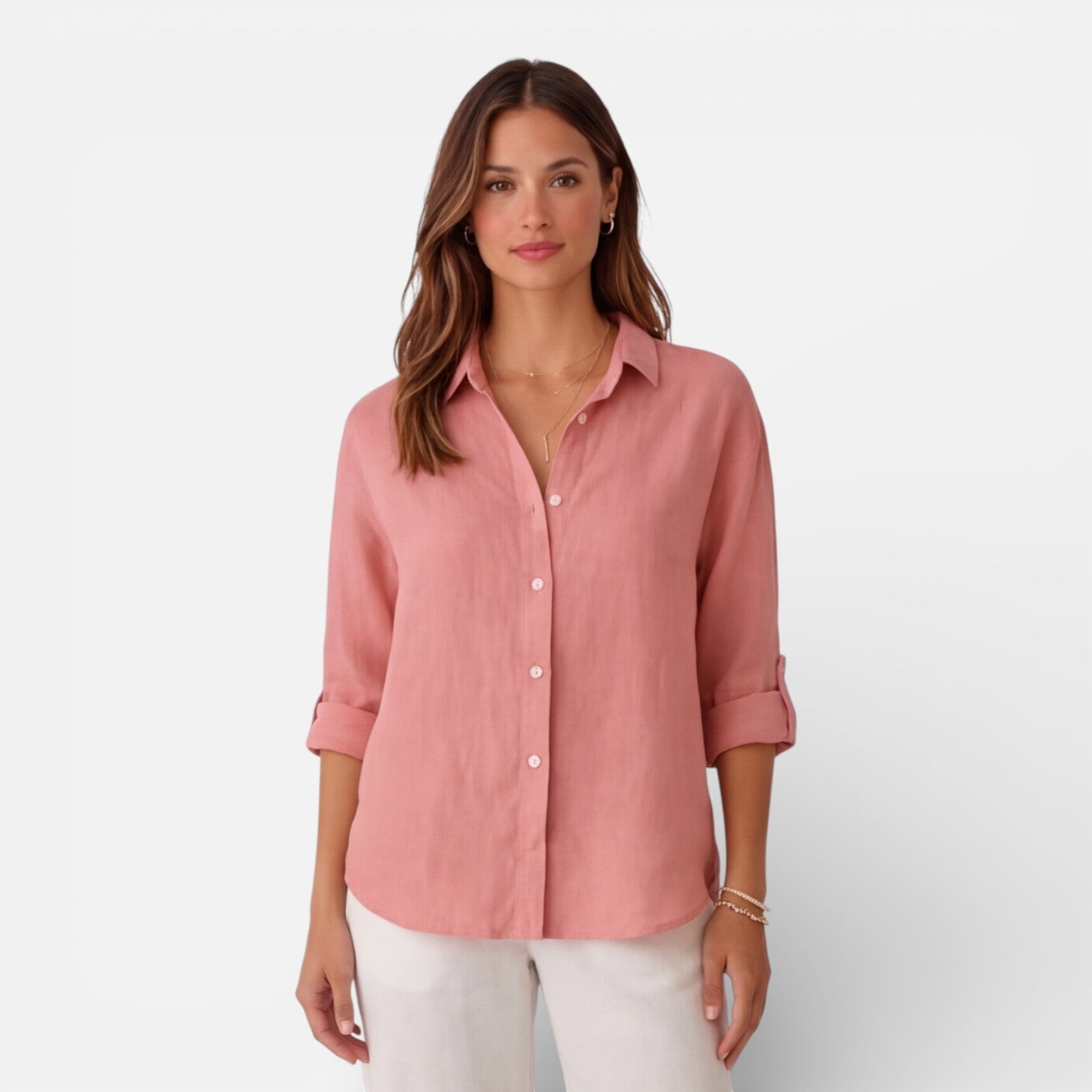 Light beige women's linen cotton blend shirt with relaxed fit, short sleeves, and casual summer style.