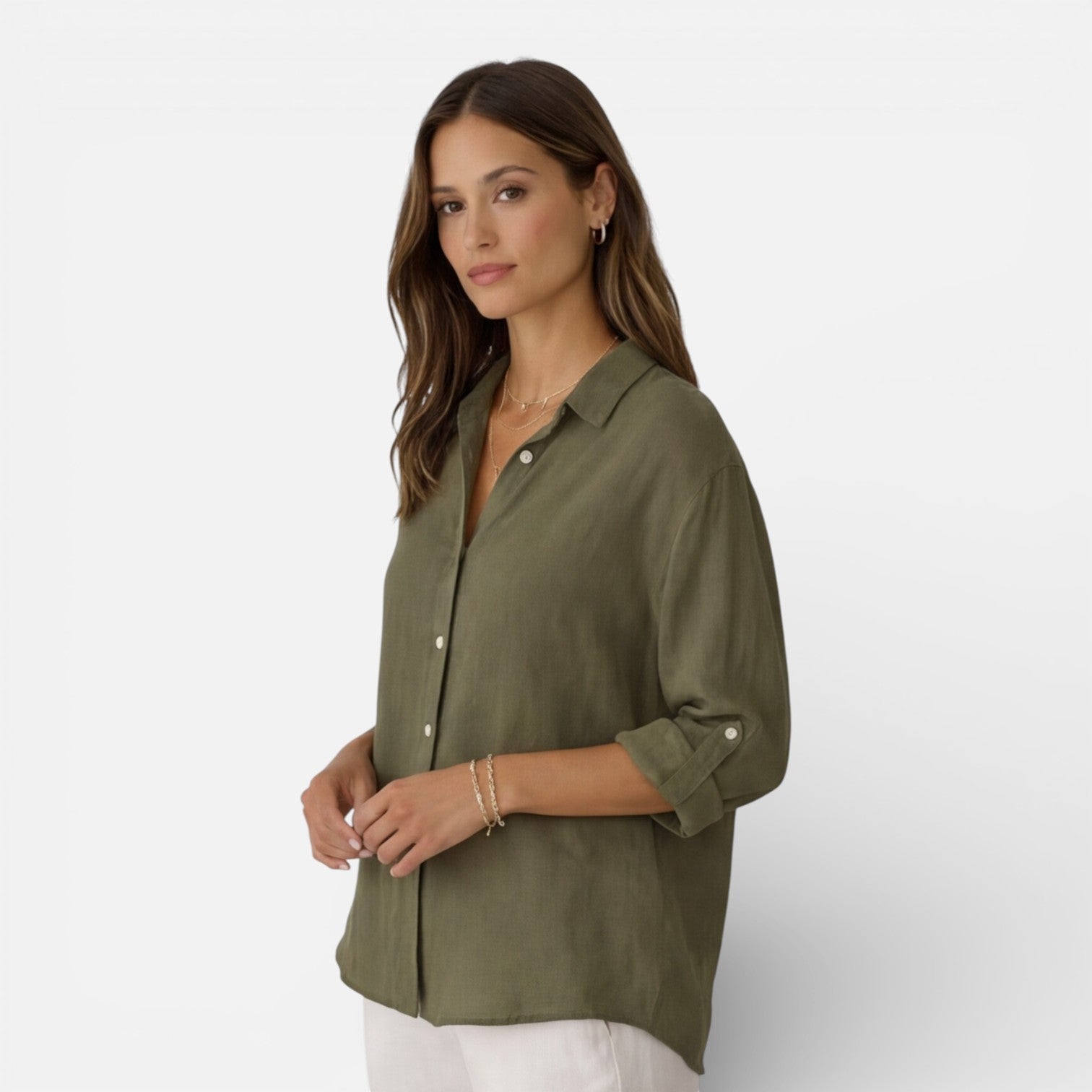 Women's linen cotton blend shirt by My Store, relaxed summer fit, breathable fabric, soft natural color, casual style.