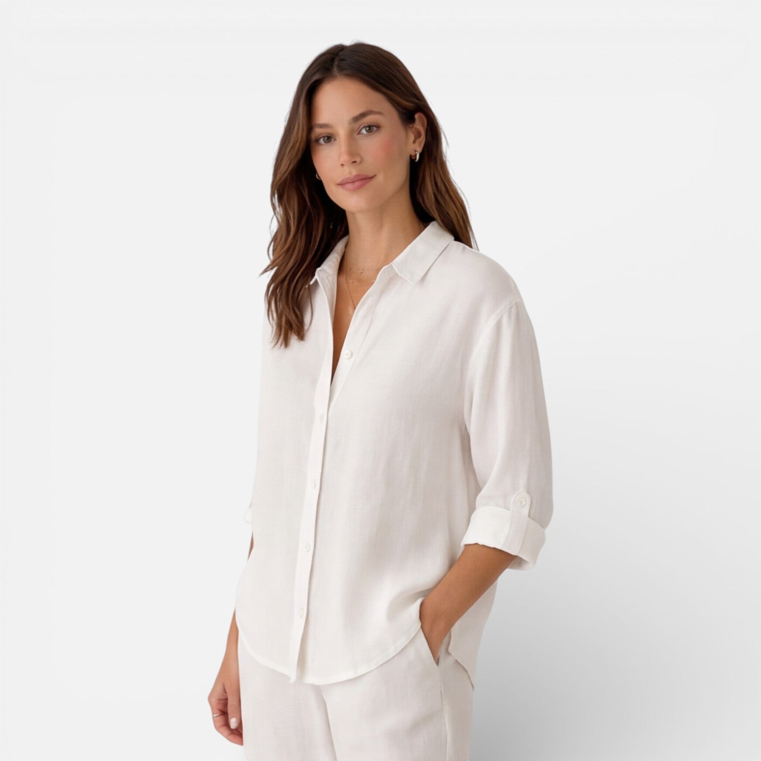 Light beige women's linen cotton blend shirt from My Store, featuring a relaxed summer fit and breathable fabric.