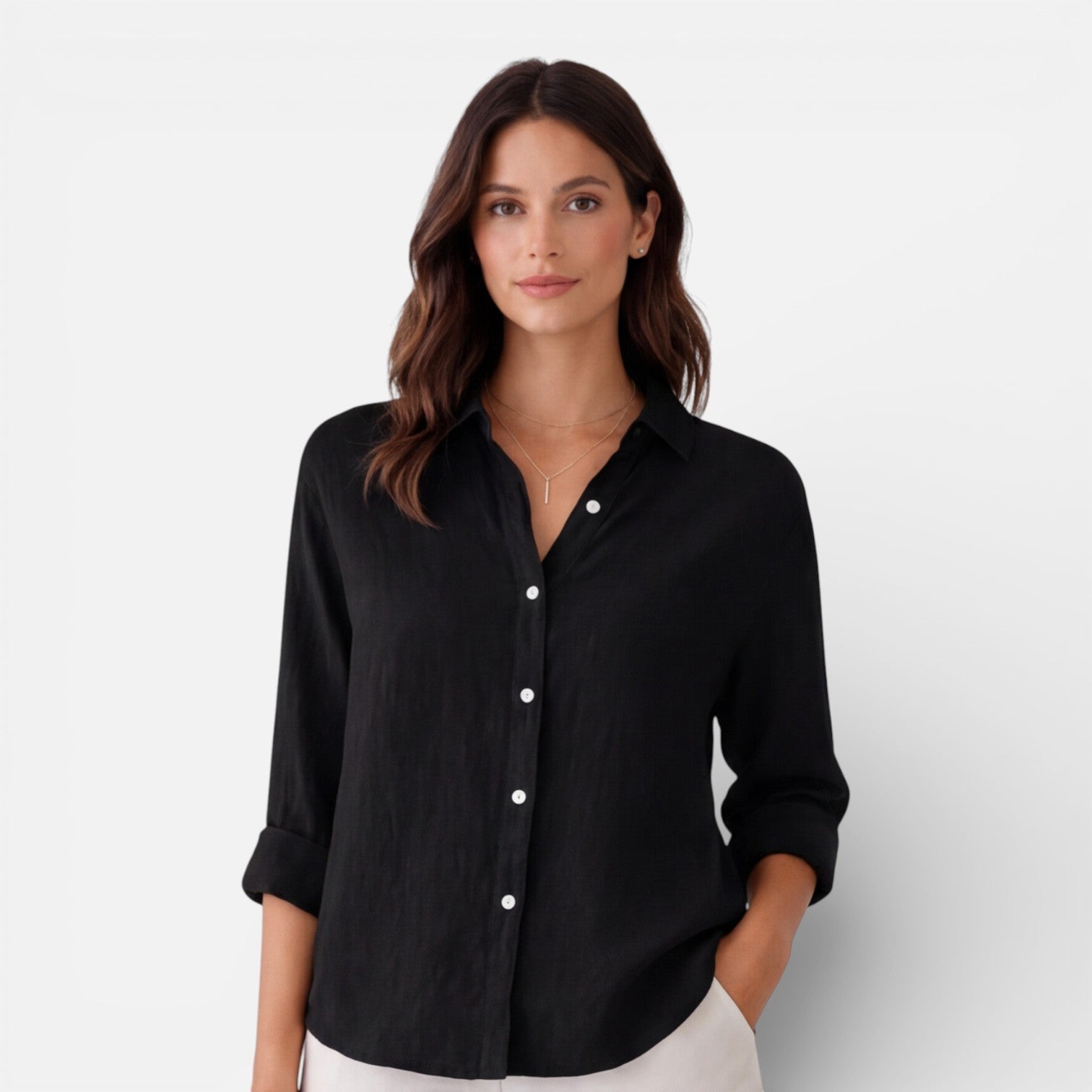 Light beige women's linen cotton blend shirt from My Store, featuring a relaxed fit and breathable summer style.