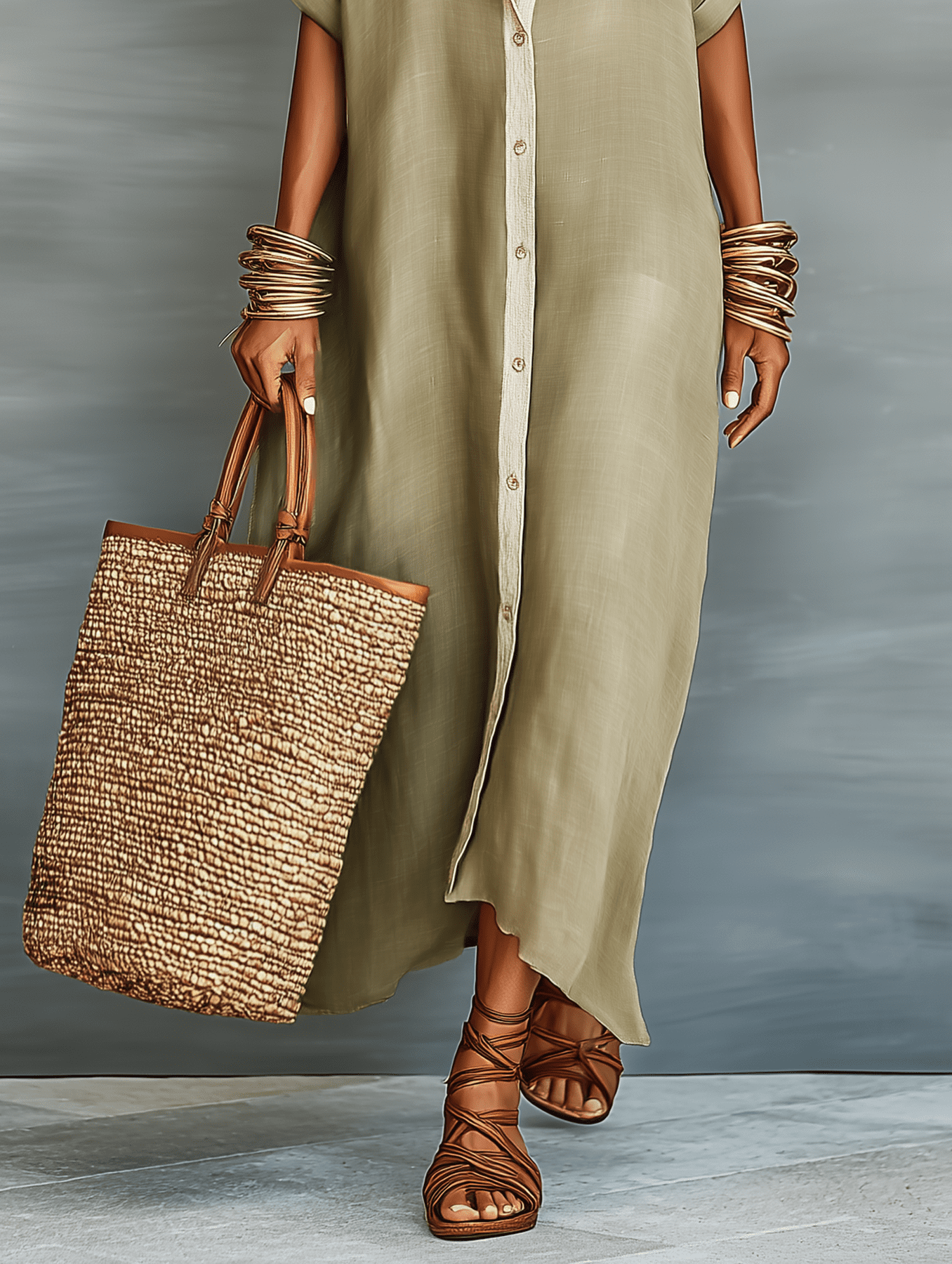 Full-body shot of a woman wearing a Tammy Bradley linen maxi dress, showcasing its relaxed fit and elegant style.
