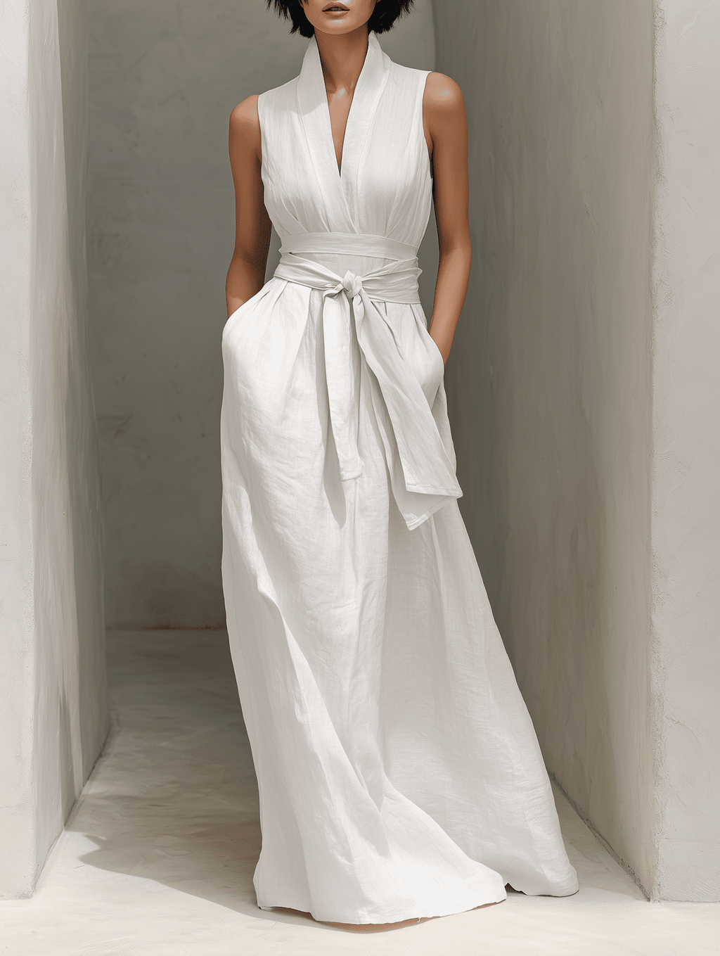 Full-body image of a woman wearing a Tammy Bradley linen V-neck maxi dress, featuring a flowing fit and chic style.