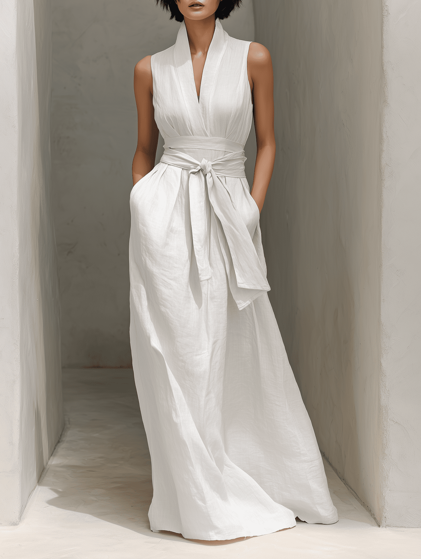 Full-body image of a woman wearing a Tammy Bradley linen V-neck maxi dress, featuring a flowing fit and chic style.