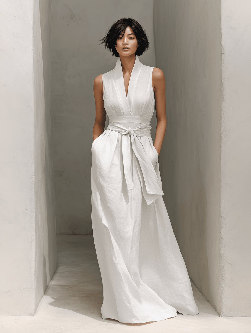 Full-body image of a woman wearing a Tammy Bradley linen V-neck maxi dress with a chic short bob hairstyle.