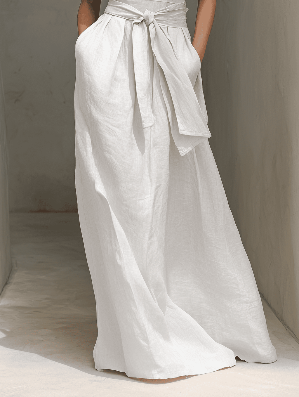 Full-body shot of a woman wearing a Tammy Bradley linen V-neck maxi dress, featuring a relaxed fit and elegant design.