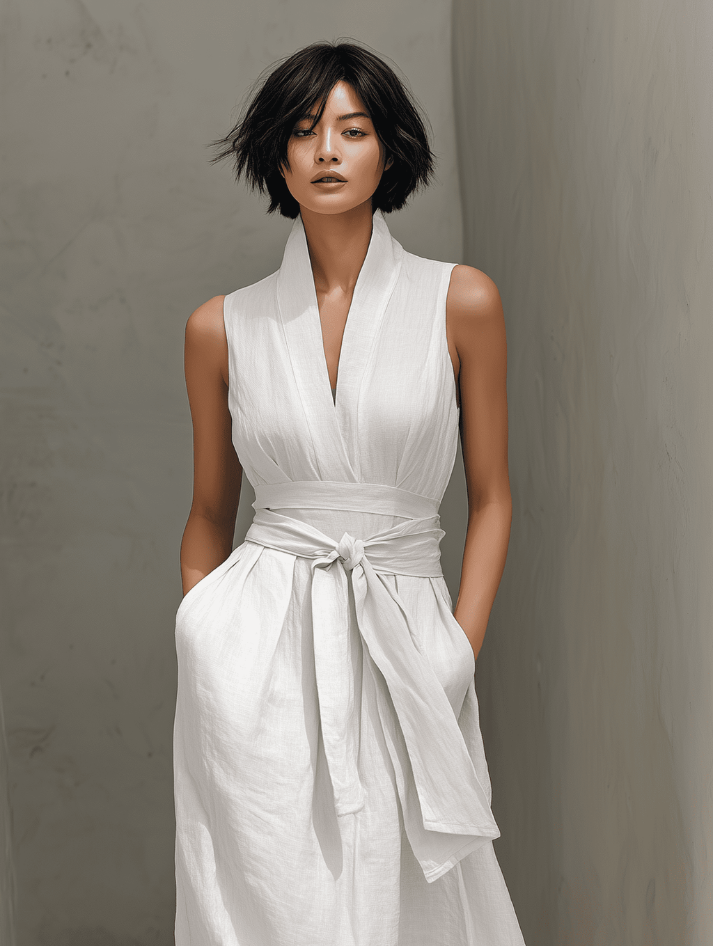Full-body image of a woman wearing a Tammy Bradley linen V-neck maxi dress with a chic short bob hairstyle.