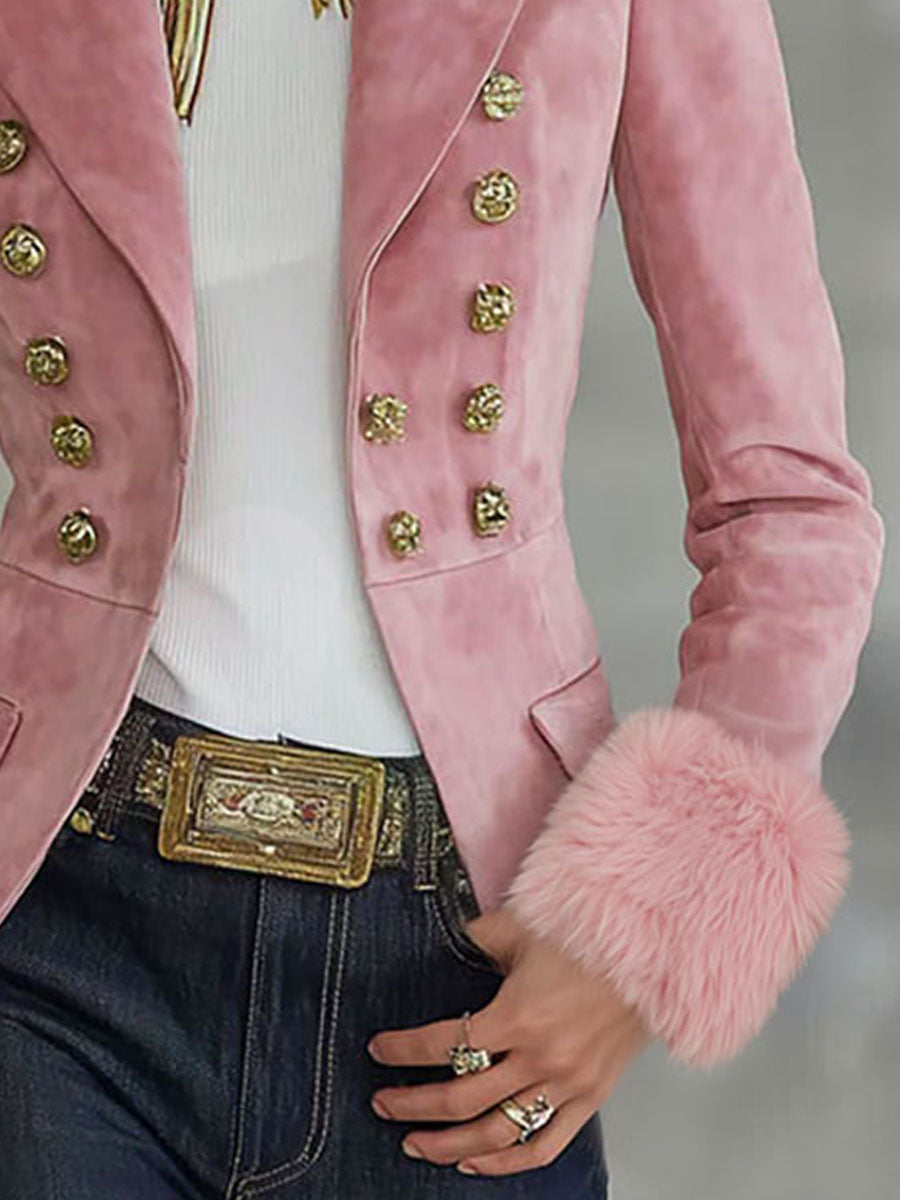 Pink faux suede and fur blazer with multi-button lapel, stylish jackets and blazers by My Store, shown on a hanger.