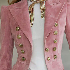 Pink faux suede and fur blazer with multi-button lapel, stylish jacket from My Store in a chic, textured design.