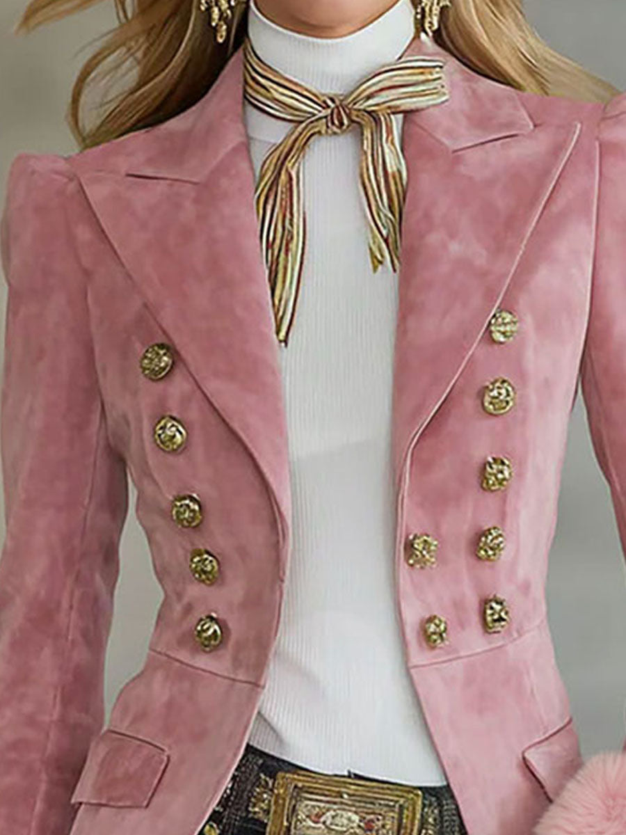 Pink faux suede and fur blazer with multi-button lapel, stylish jacket from My Store in a chic, textured design.