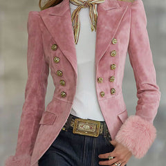 Pink faux suede and fur blazer with multi-button lapel, stylish jackets and blazers by My Store.