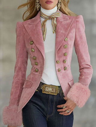 Pink faux suede and fur blazer with multi-button lapel, stylish jackets and blazers by My Store.