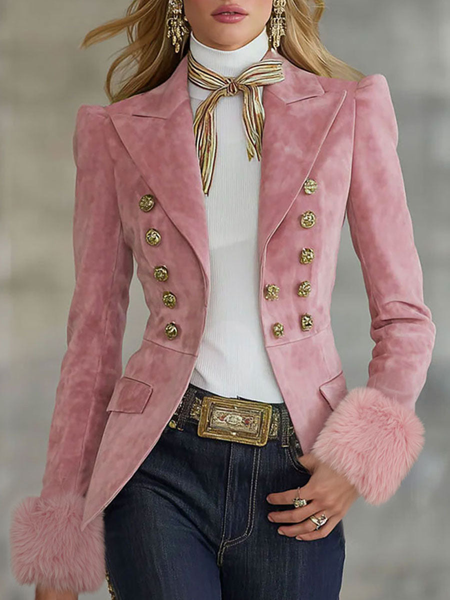 Pink faux suede and fur blazer with multi-button lapel, stylish jackets and blazers by My Store.