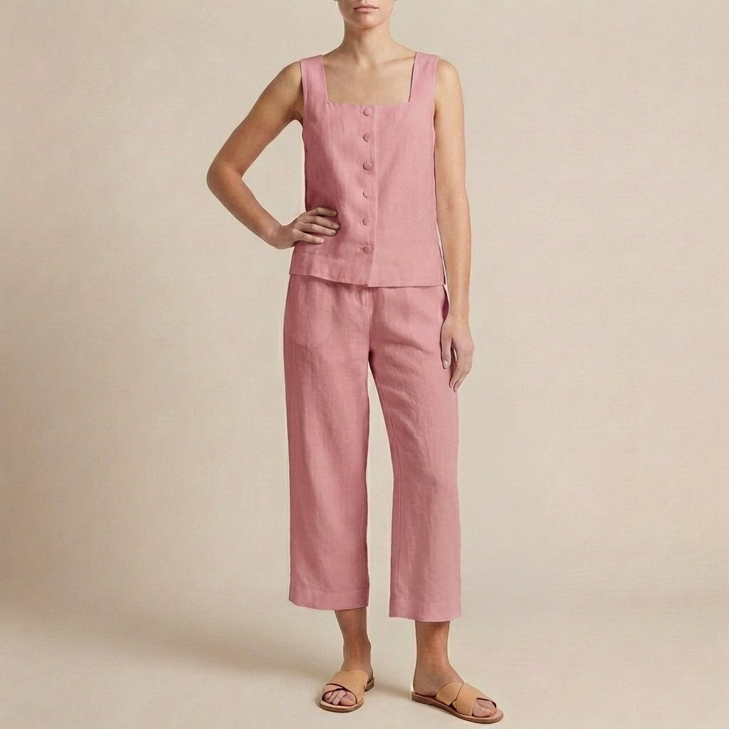 Pink women's button-front square-neck two-piece co-ord set by Tammy Bradley, featuring a cropped top and matching high-waisted pants.